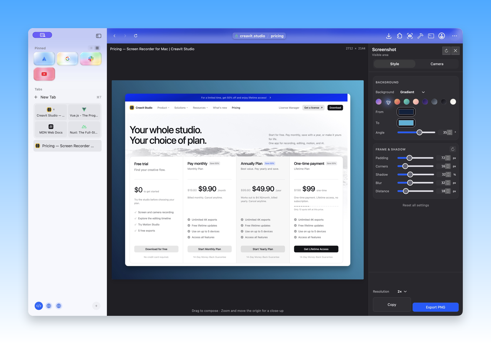 Current Bew Screenshot Studio framing the Creavit Studio pricing page with a blue gradient, rounded corners and shadow