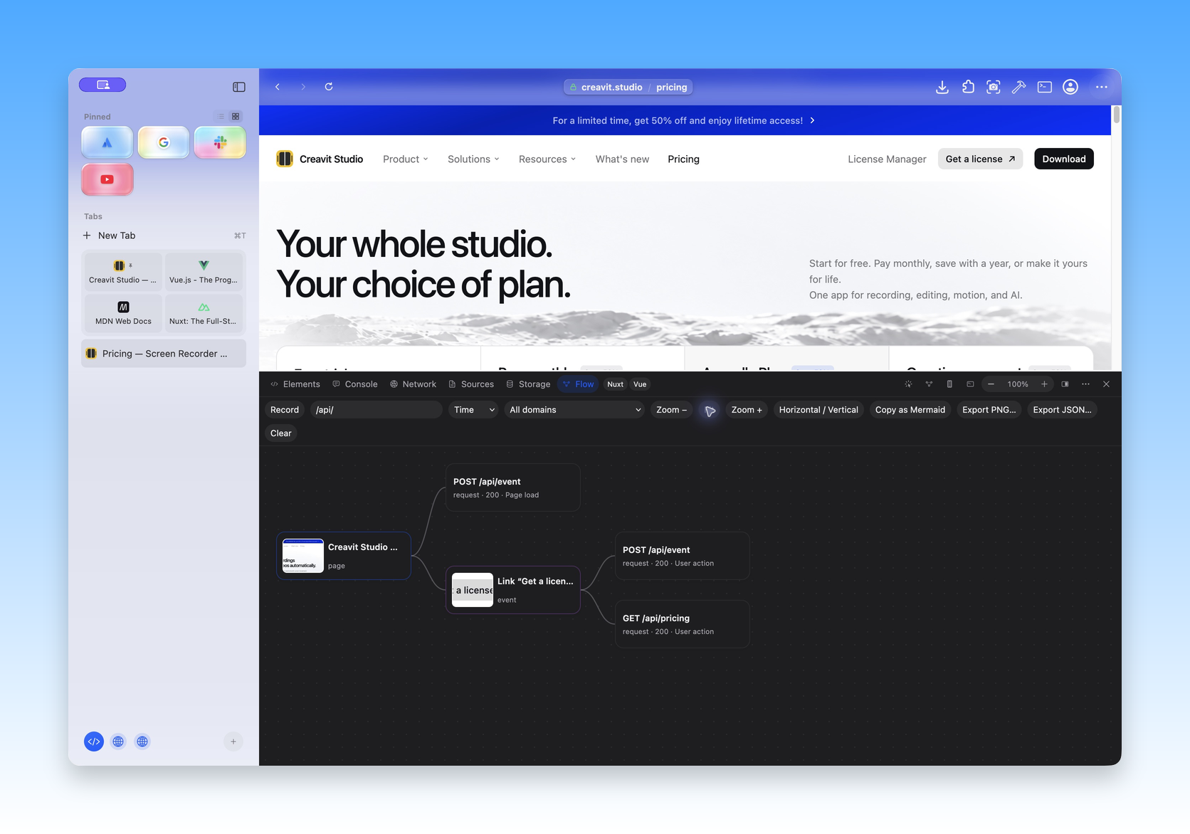 Bew Flow map recording Creavit Studio navigation, user interactions and public API requests