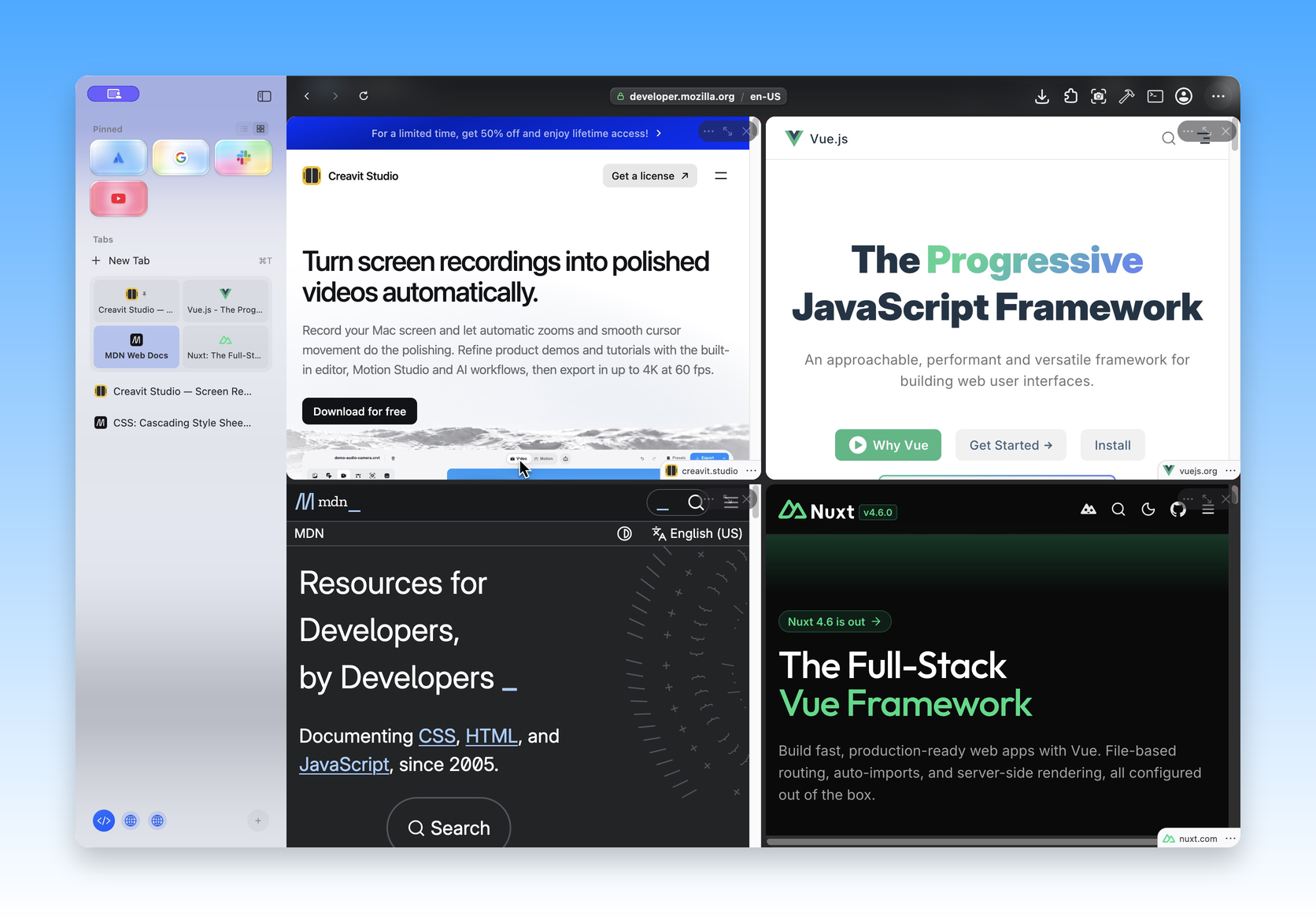 Bew showing Creavit Studio, Vue, MDN and Nuxt in a four-way split, with Jira, Gmail, Slack and YouTube in the pinned grid