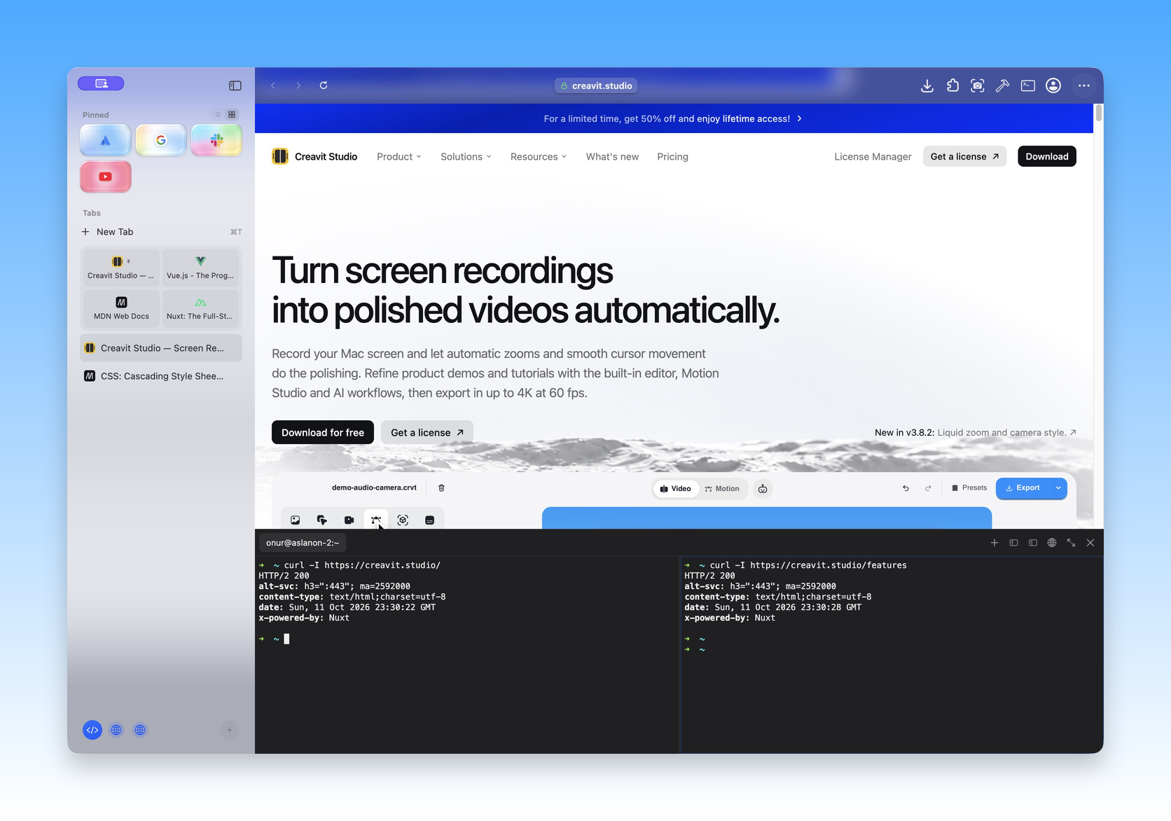 Two Bew terminal panes running real curl commands against Creavit Studio